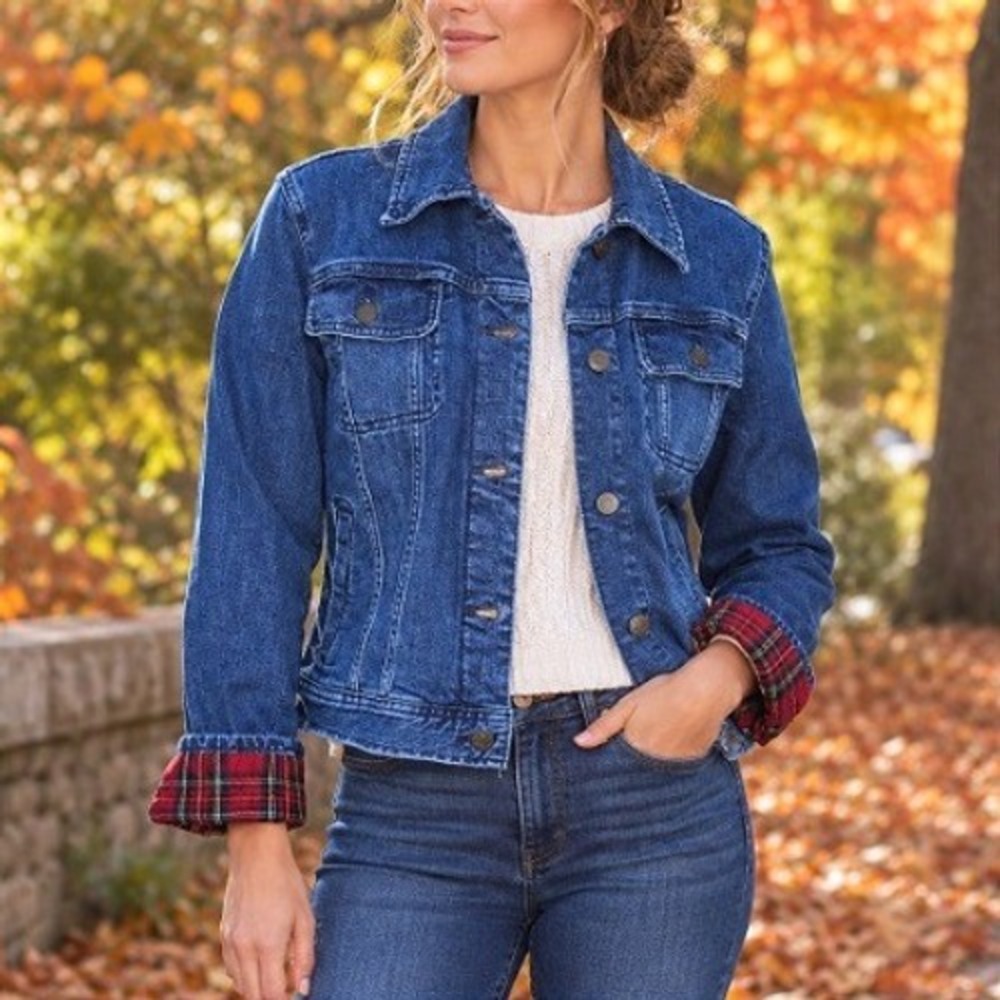Lauren Ralph Lauren Denim Crop Americana Trucker Plaid Cuff Jeans Jacket XL